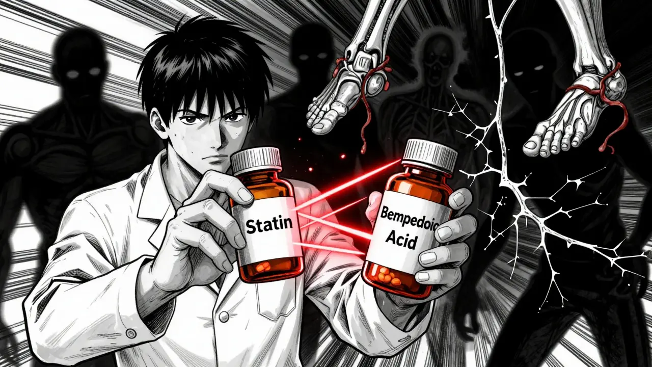 Doctor holding statin and bempedoic acid pills with glowing warning lines, fractured tendons and gout symptoms floating ominously.