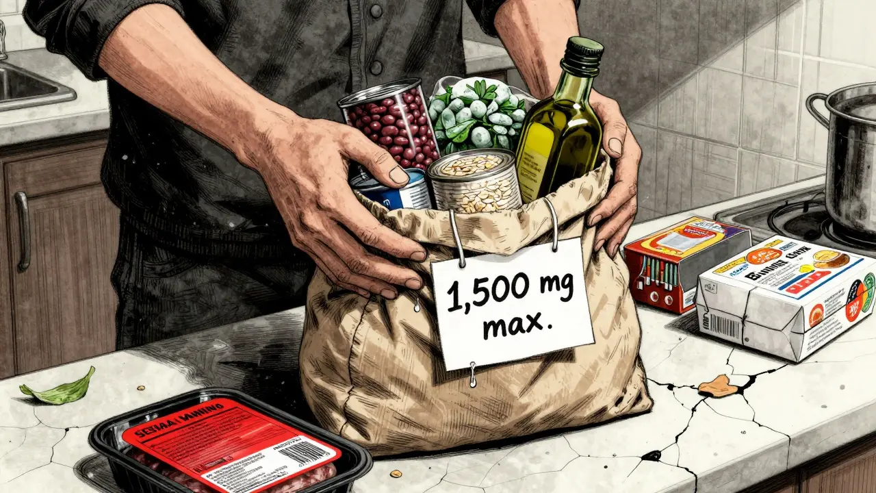 Hands holding healthy groceries beside discarded processed foods in a harsh kitchen light.