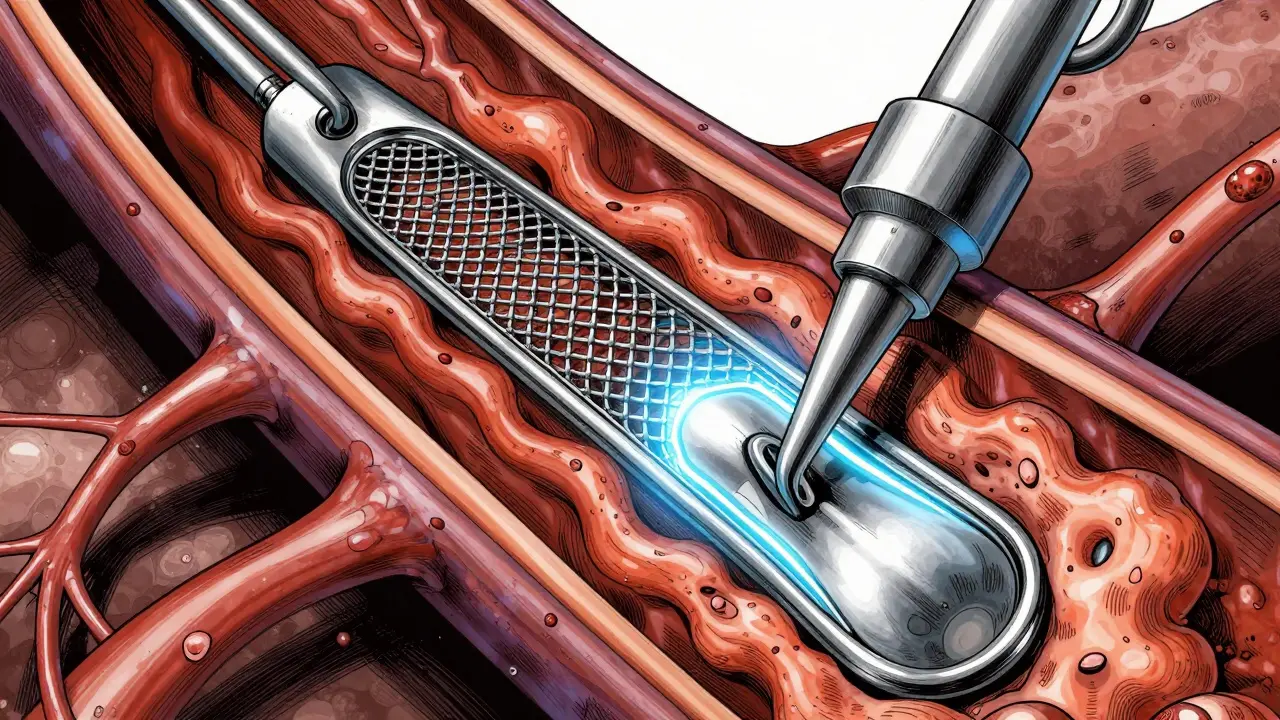 Metal stent expanding inside blood vessel during surgery procedure.
