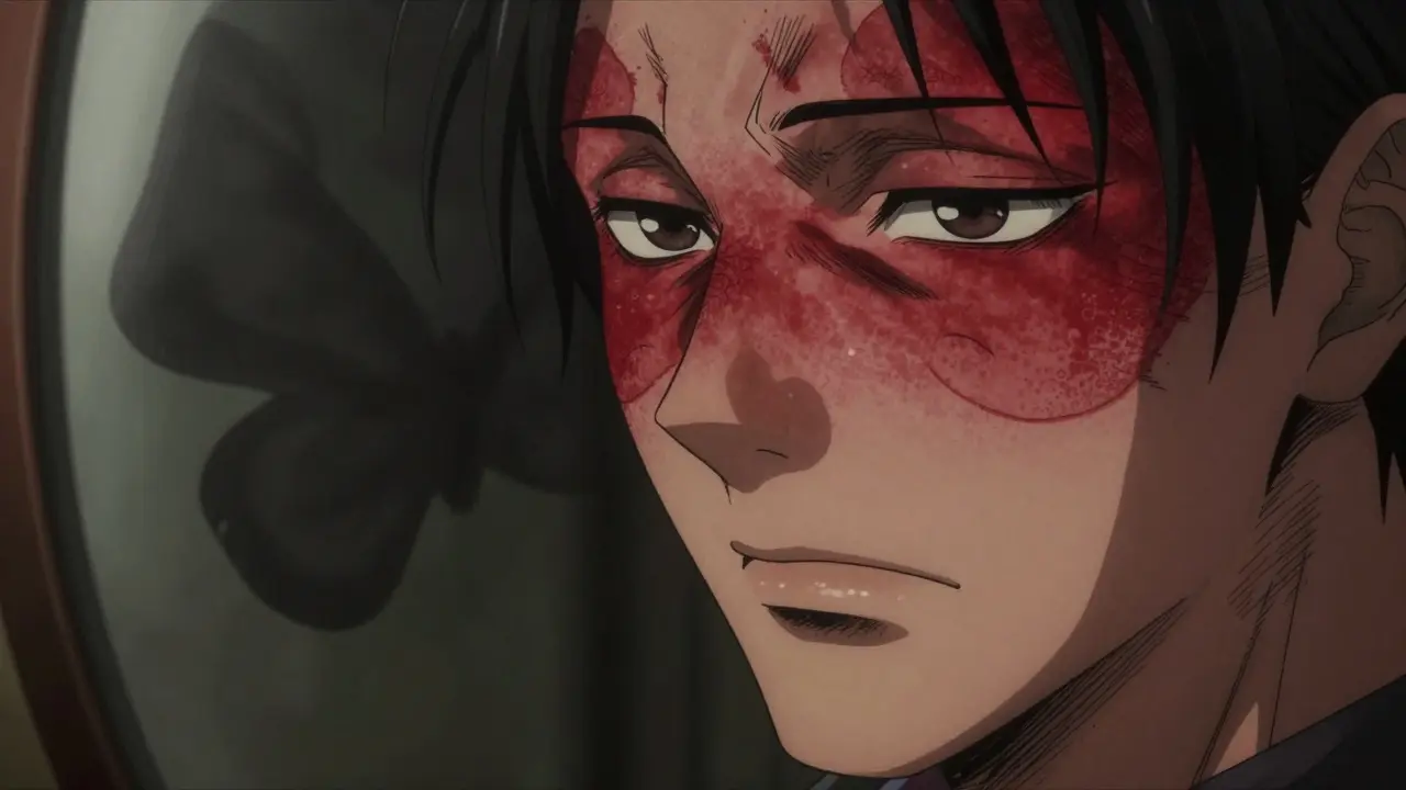 Mirror reflection showing butterfly shaped red facial rash pattern