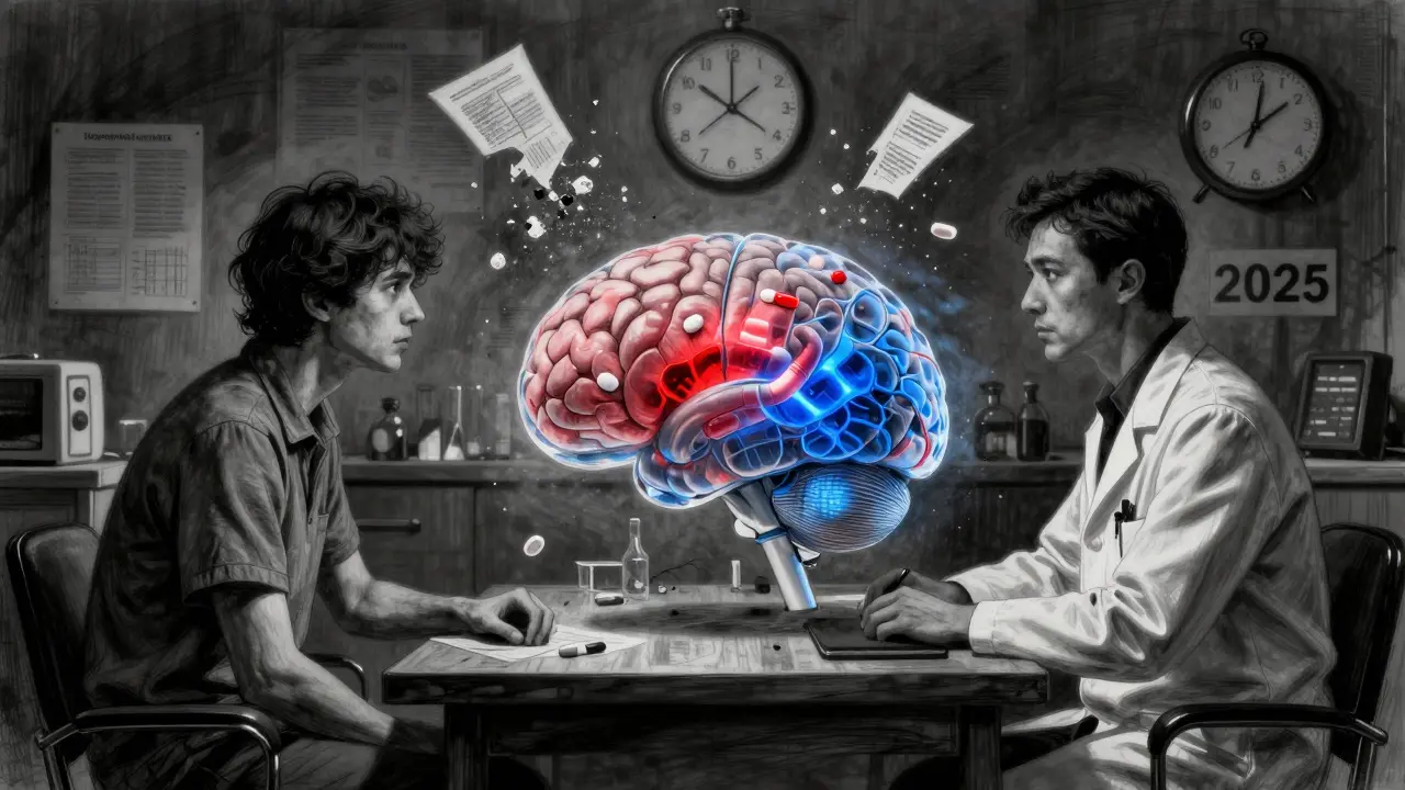 Neurologist and patient examine a brain model showing statins reducing inflammation, flawed studies crumbling behind them.