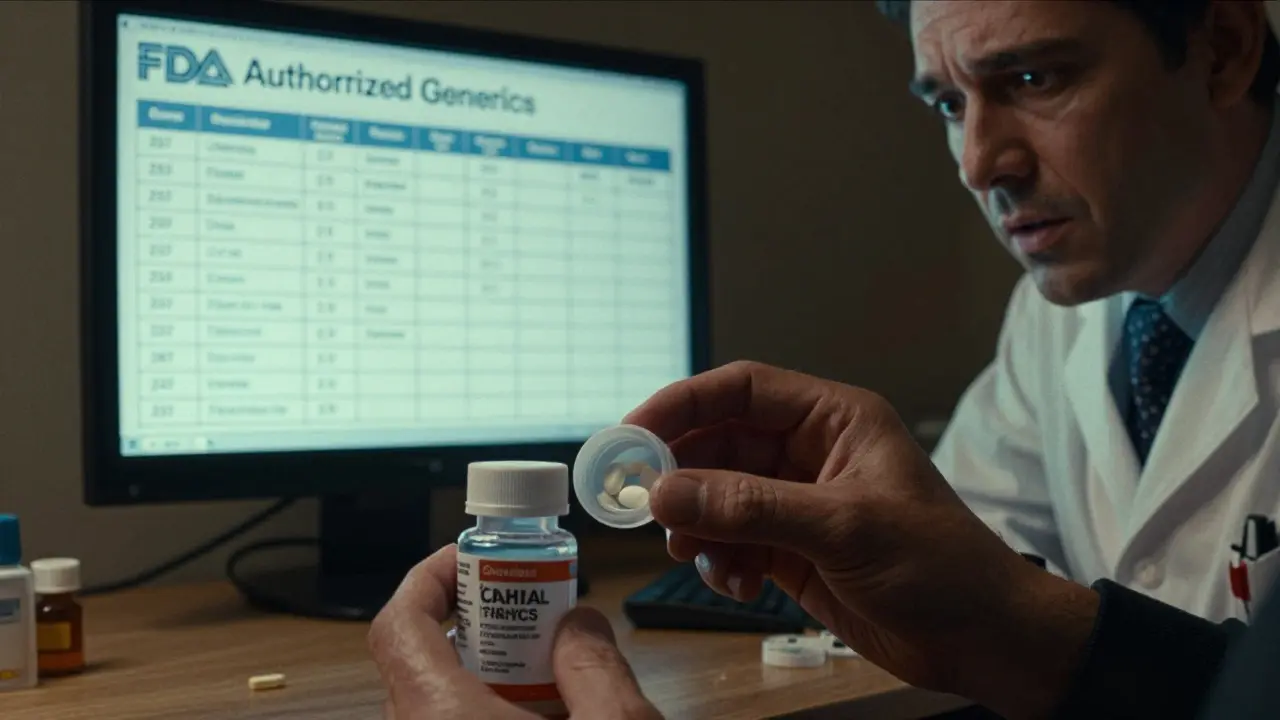 Patient opening a pill bottle with unfamiliar packaging while a pharmacist explains it's the same medication.