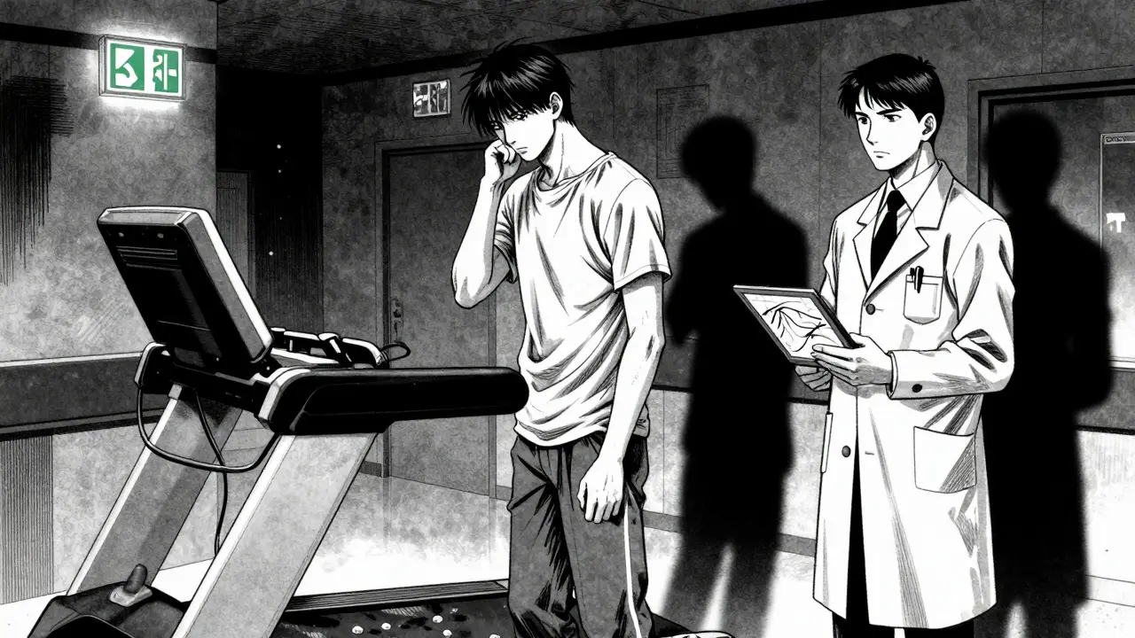 Patient standing near treadmill during cardiac stress test evaluation.