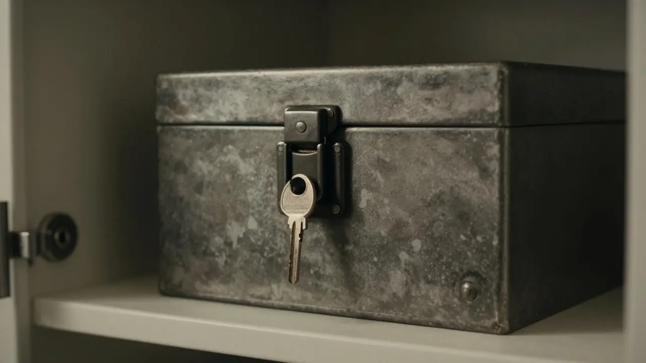 Secure locked box for medication storage in a dry, safe closet environment.