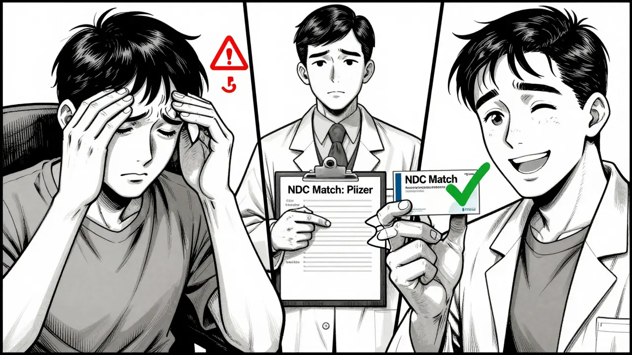Split scene: patient reacting poorly to regular generic vs. safely using authorized generic with pharmacist guidance.