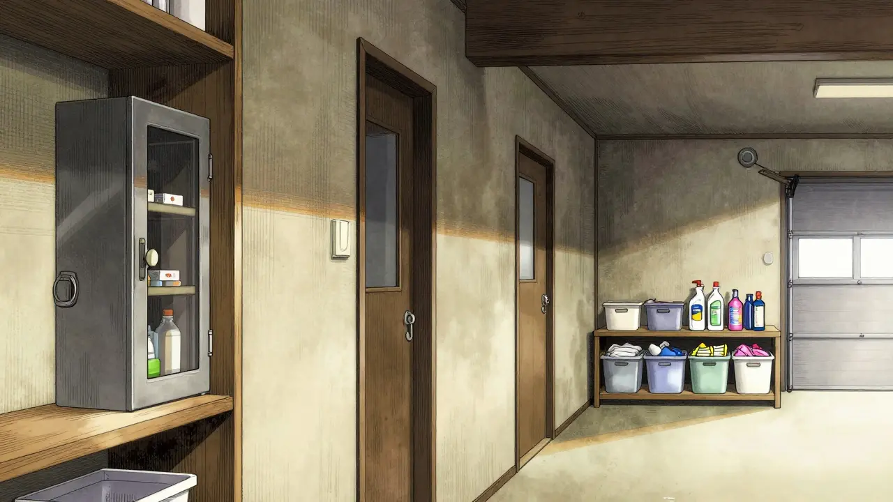 Wide view showing separate storage zones for medicine and chemicals in a home.