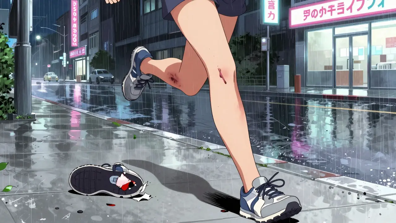 Woman mid-run with snapped Achilles tendon, bruising spreading up her calf, torn shoe on wet pavement.