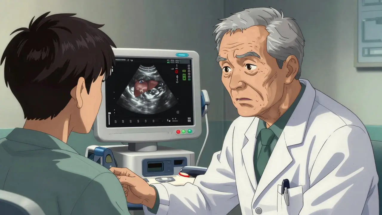 A doctor and patient discussing liver ultrasound results in a gritty Gekiga style.