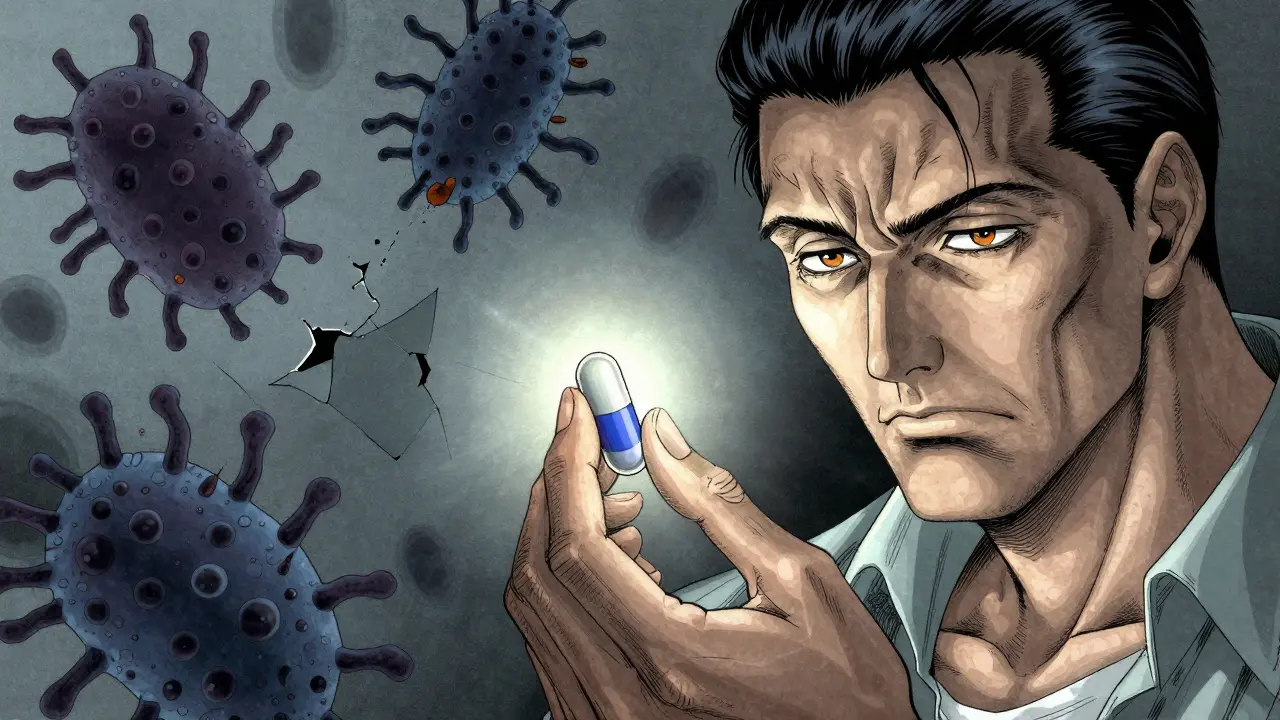 A hand holding a generic antibiotic capsule with defeated bacteria in background