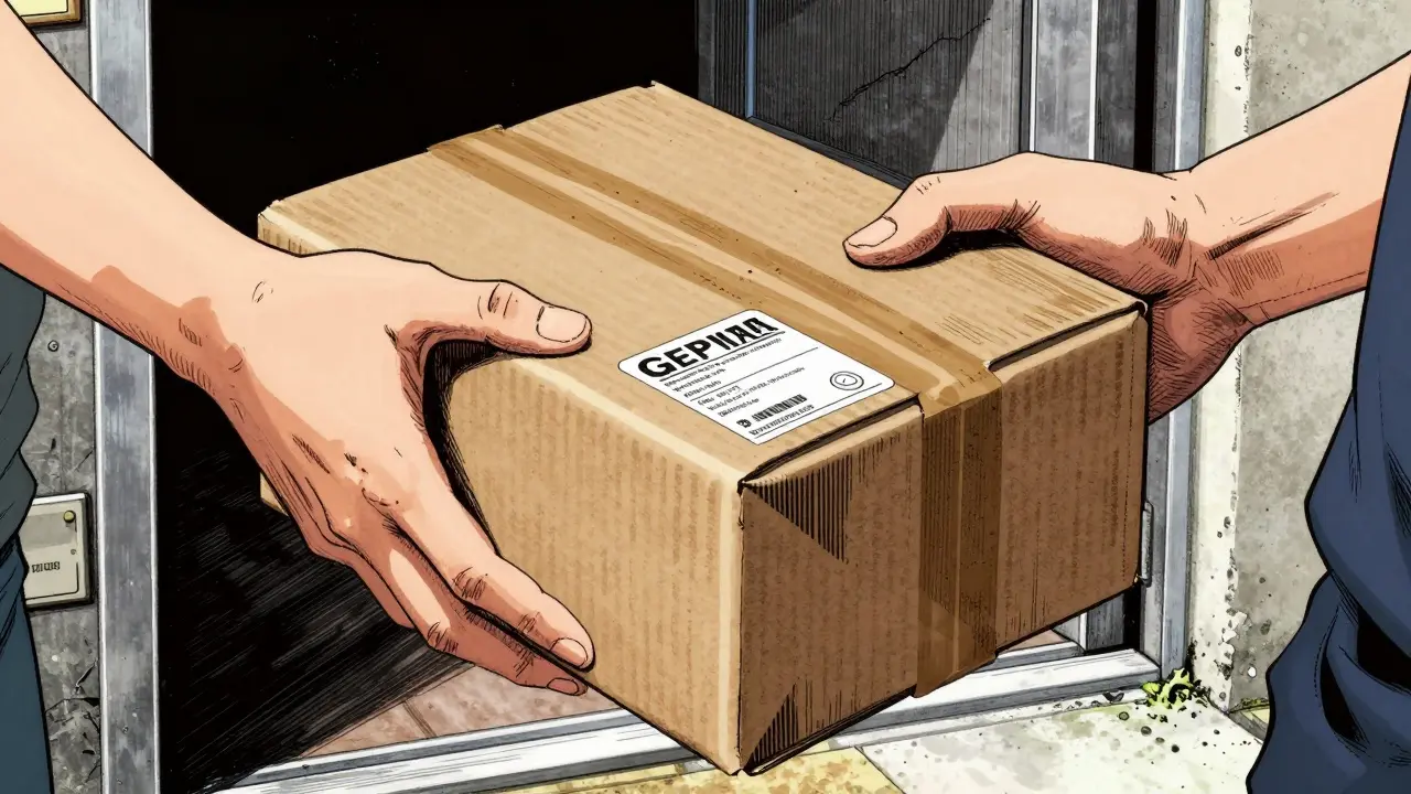 A hand picking up a pharmacy delivery package from a doorstep