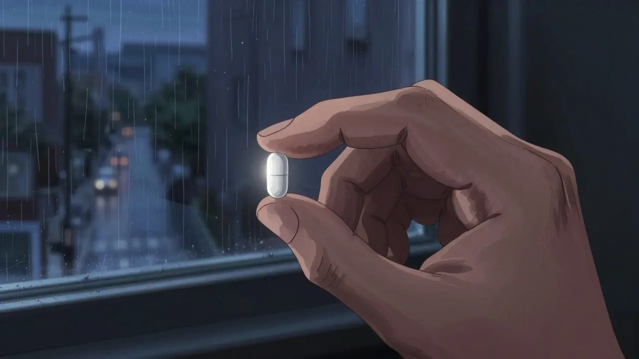 Close-up of a hand holding a white heart medication pill in a gritty anime style.
