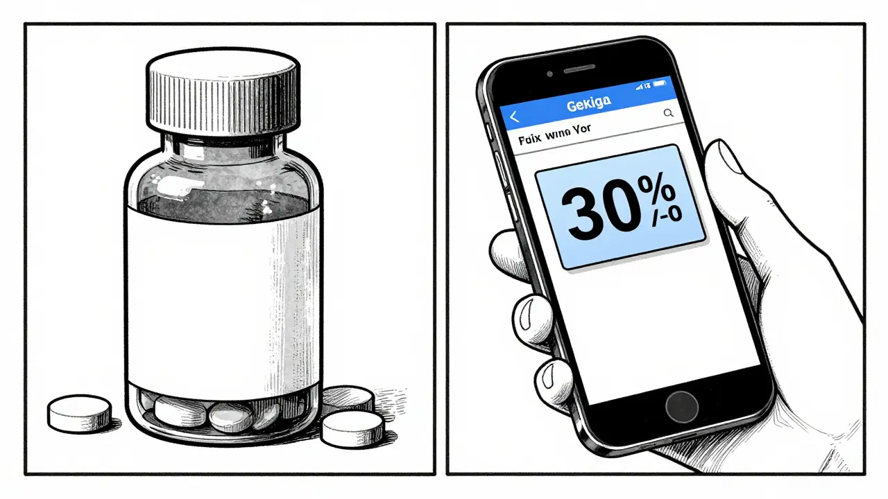 Close-up of generic medication and a smartphone with a discount coupon.