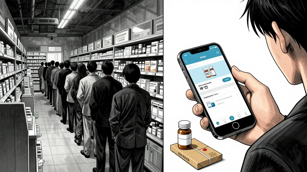 Comparison between a crowded pharmacy and easy online medicine ordering