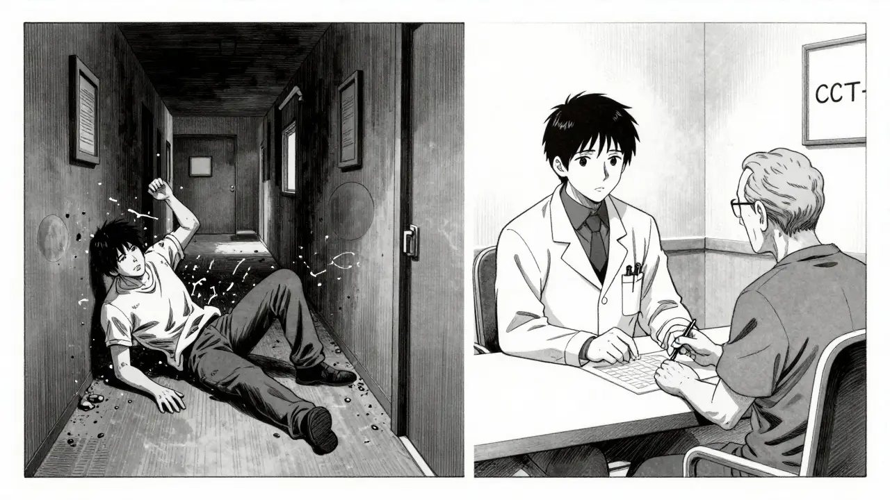 Comparison between the danger of falling and a doctor's consultation in Gekiga style.