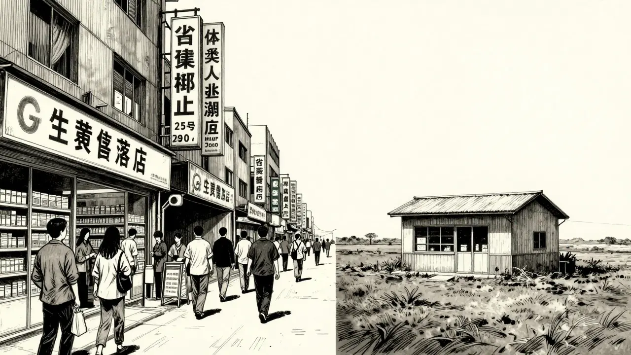 Comparison of a busy city pharmacy and a lone rural pharmacy in Gekiga style.