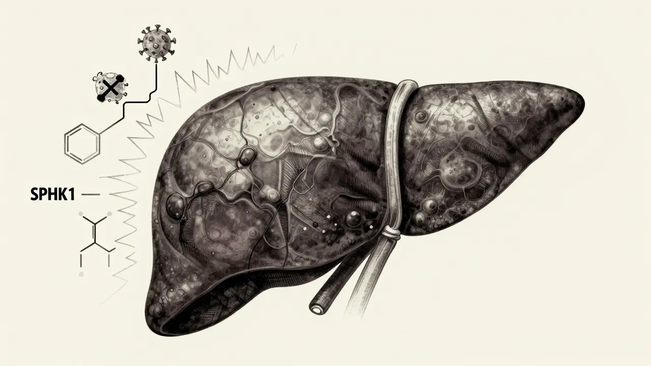 Detailed anatomical view of a scarred liver with active genetic pathways in Gekiga style.