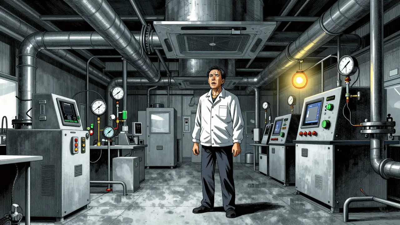 Engineer monitoring ventilation system in factory.