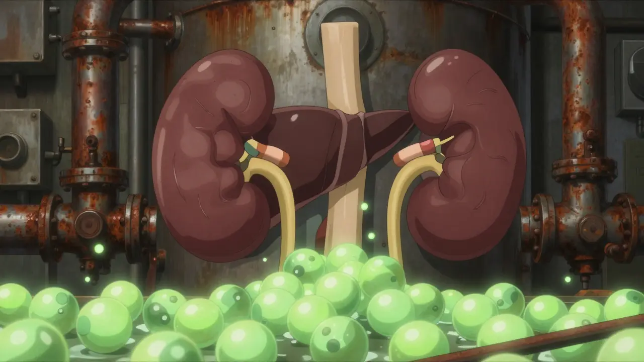 Gekiga style depiction of kidneys and liver as worn-down industrial factories struggling to process chemicals.