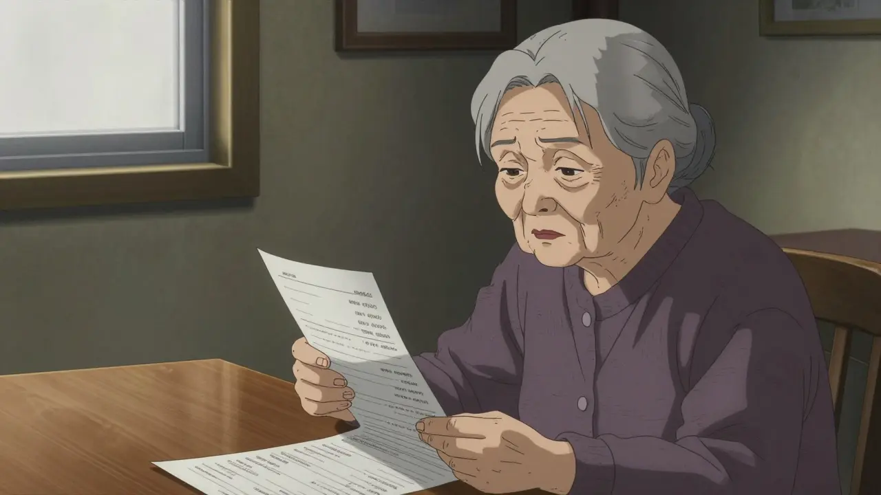 Gekiga style portrait of an elderly woman looking at her numerous medications in a dimly lit room.