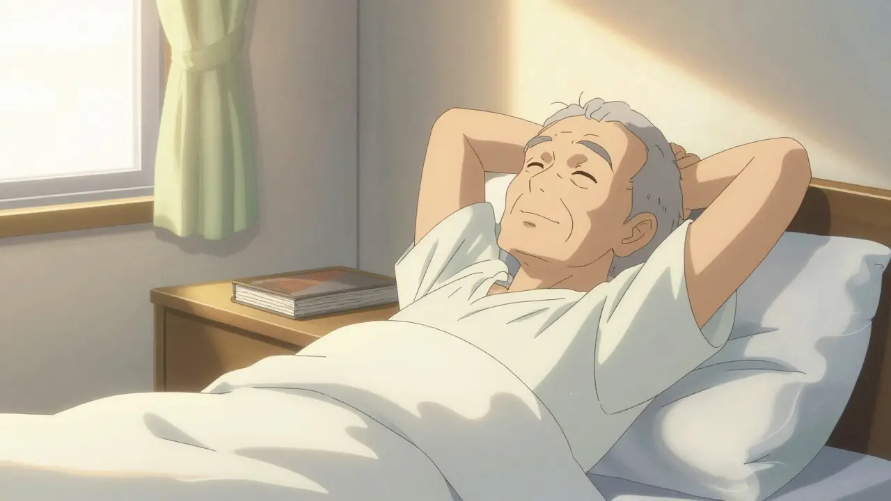 Refreshed senior waking up in a sunlit bedroom in Gekiga style.