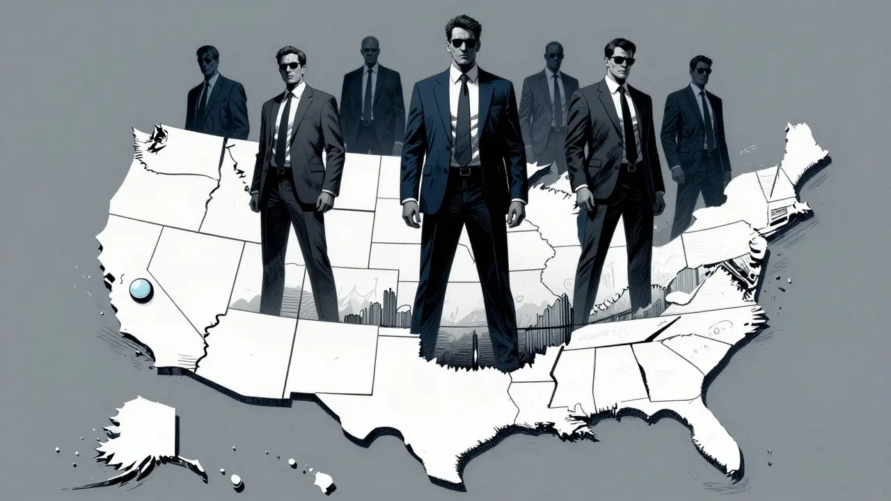 Shadowy corporate figures looming over a jagged map of the US in Gekiga style.