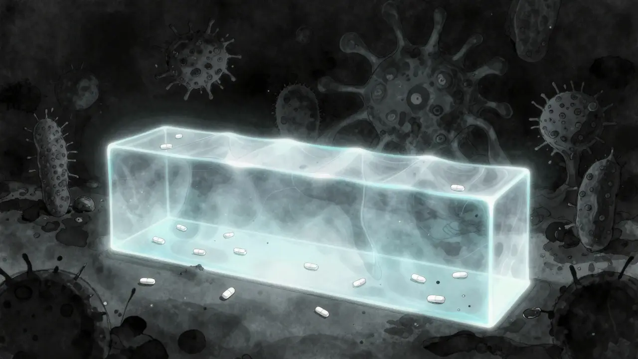 Shield protecting medicine from contamination shadows.