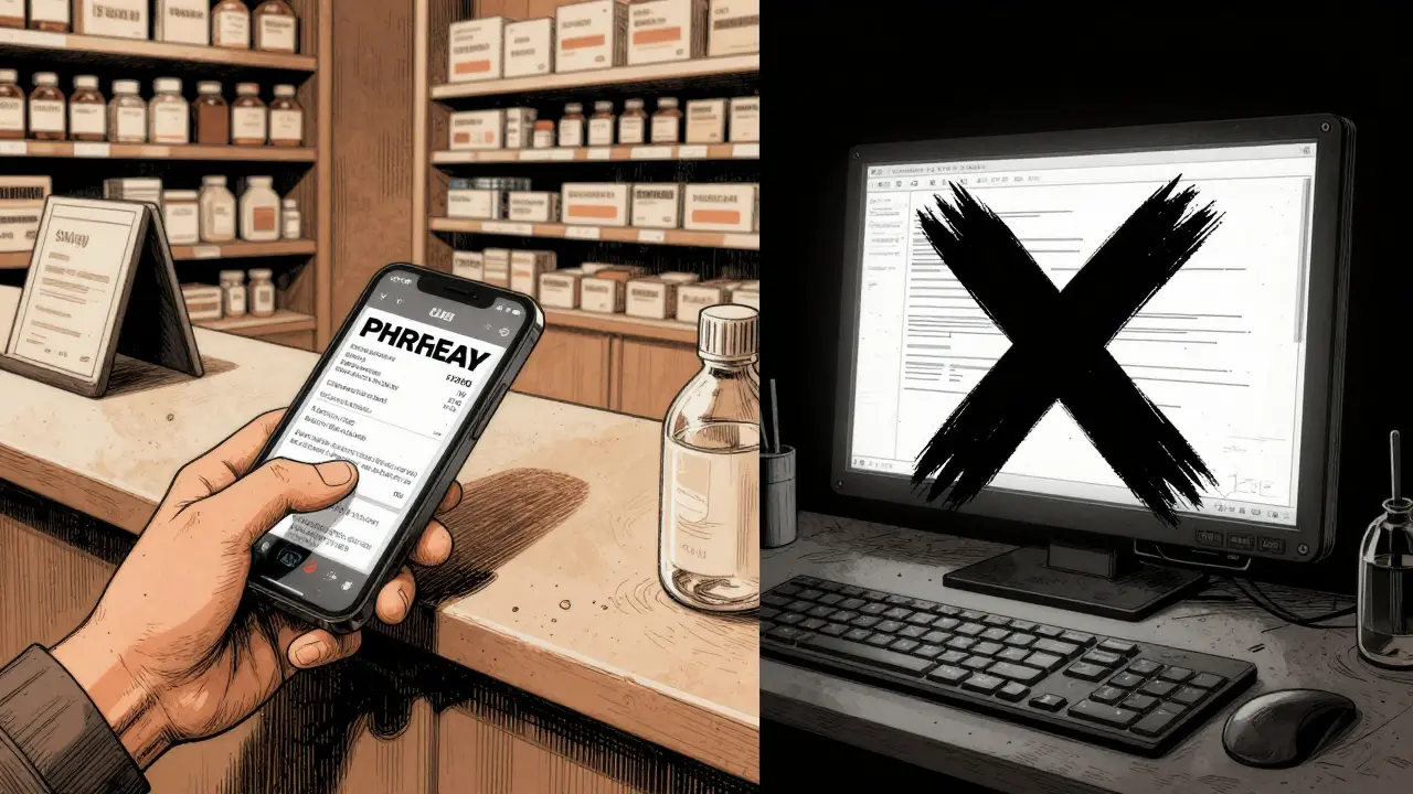 Split scene showing a pharmacy coupon and a warning against online scams