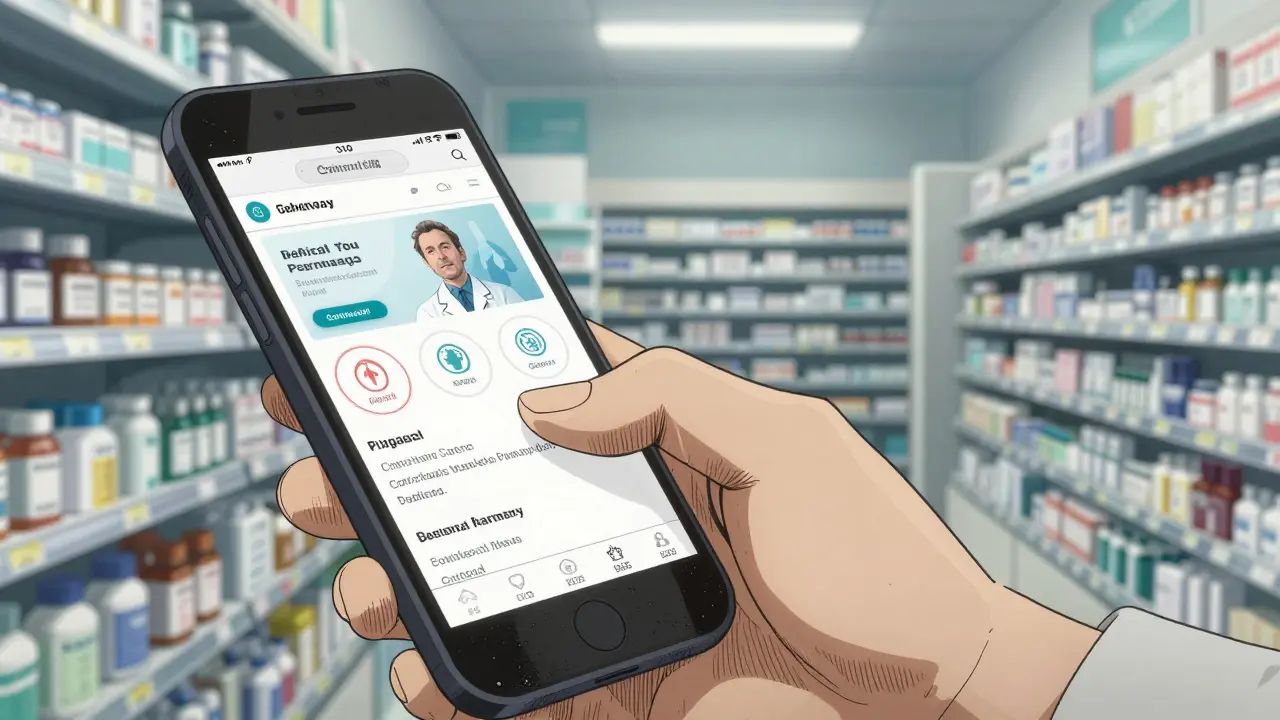 Split screen showing a pharmacy website on a phone and a pharmacy interior in anime style.